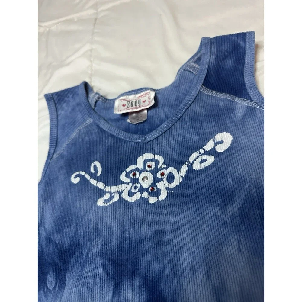 Zoey Y2K Rhinestone Tie Dye Long Tank Blue Mini Dress Girls Sz 10 Cotton Flower
